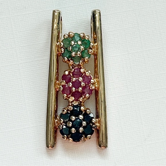 Ruby Sapphire Emerald Flowers Gold Pendant Slide